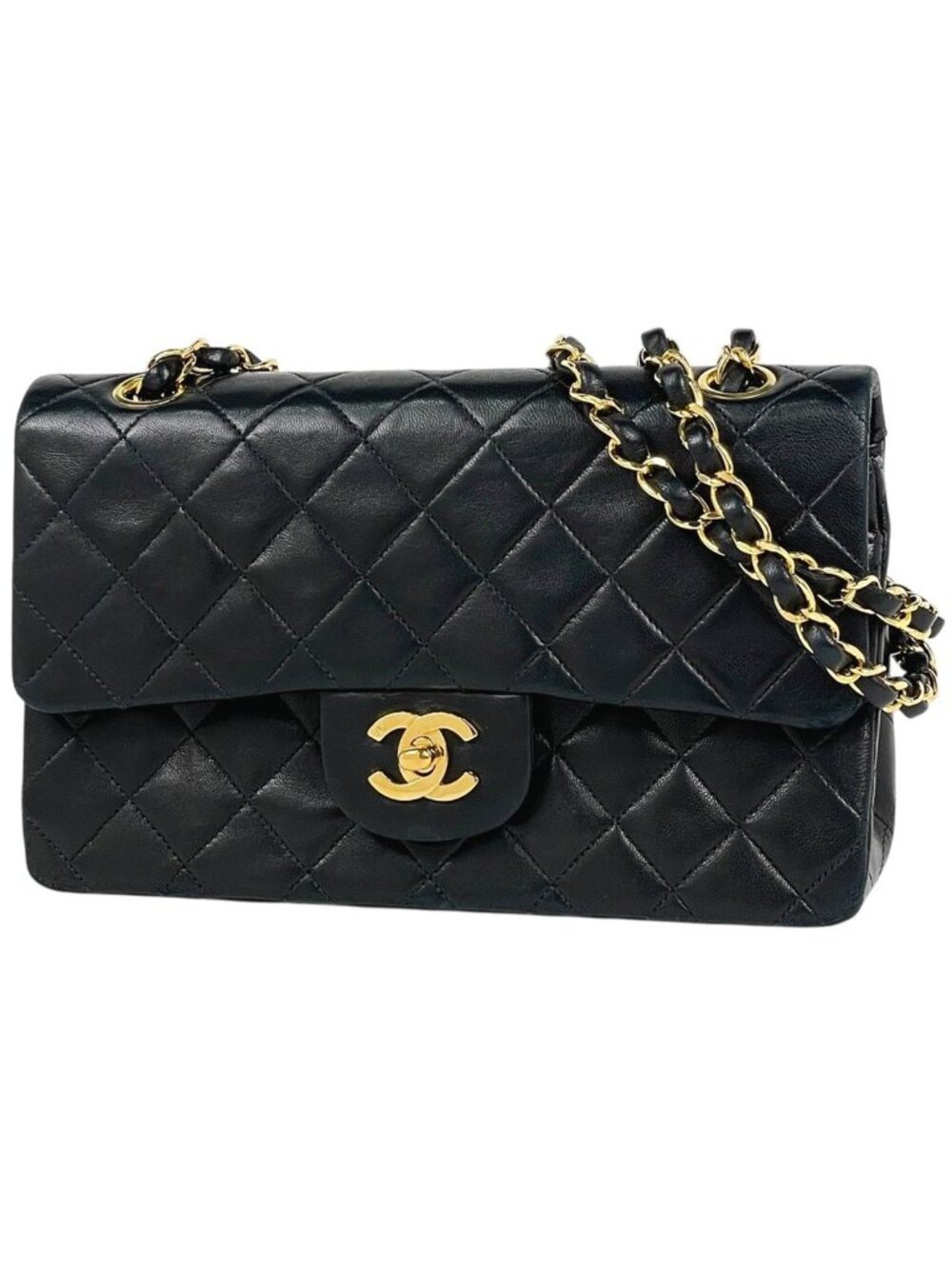 Chanel Quilted Double Flap Chain Shoulder Bag CC Logo Leather Black